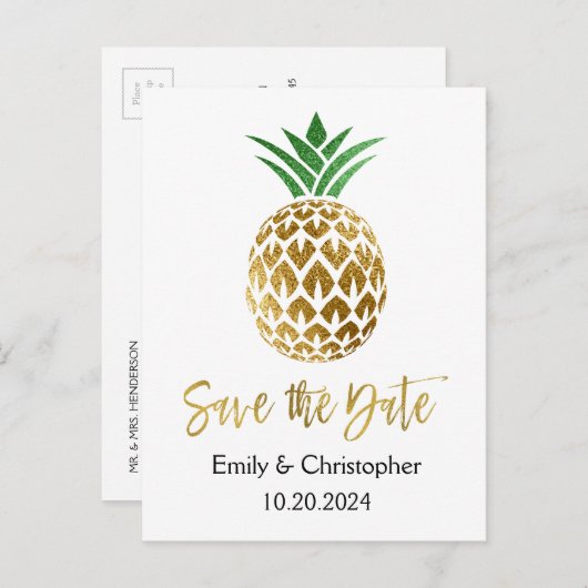 Carte Postale Faire-part Gold Foil Script Wedding Enregistrer la date Anana (Devant / Derrière)