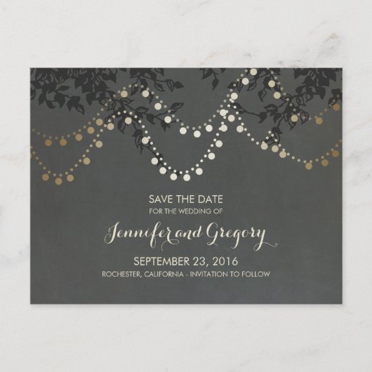 Carte Postale Faire-part Gold Foil String Lights Enregistrer la date (Devant)