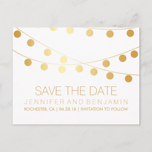 Carte Postale Faire-part Gold Foil String of Lights Enregistrer la date (Devant)