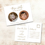 Carte Postale Faire-part Gold Funny Kids Photo Script Mariage Enregistrer l<br><div class="desc">Enregistrez les cartes de dates pour le couple amusant qui ne peut pas attendre pour célébrer leur mariage avec la famille et les amis. Drôle "ces enfants se marient". Le design est personnalisé avec vos photos d'enfance,  noms et date mariage.</div>