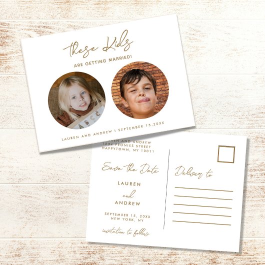 Carte Postale Faire-part Gold Funny Kids Photo Script Mariage Enregistrer l