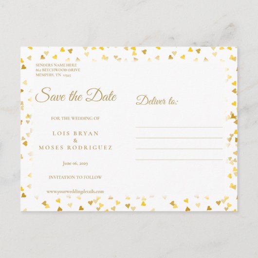 Carte Postale Faire-part Gold Hearts Confetti Enregistrer la date (Dos)