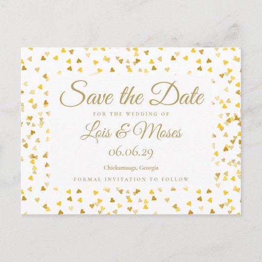 Carte Postale Faire-part Gold Hearts Confetti Enregistrer la date (Devant)