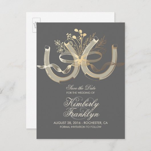 Carte Postale Faire-part Gold Horseshoes Rustic Country Enregistrer la date (Devant / Derrière)