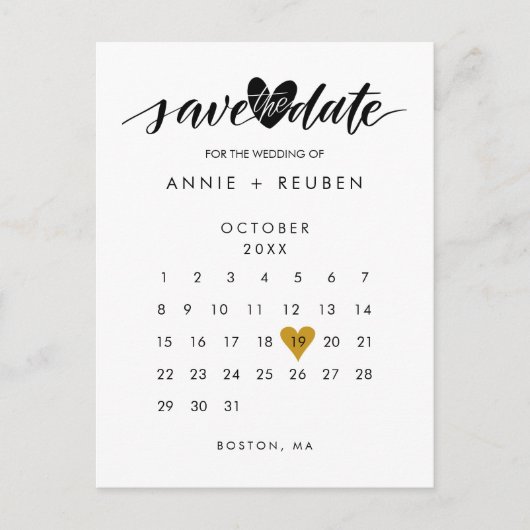 Carte Postale Faire-part Gold Love Heart Calendar Enregistrer la date (Devant)