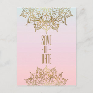 Carte Postale Faire-part Gold Mandala Peach Elegant Chic Enregistrer la dat