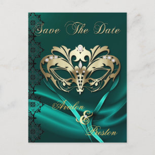 Carte Postale Faire-part Gold Masquerade Bijou Turquoise Enregistrer La Dat