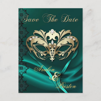 Carte Postale Faire-part Gold Masquerade Bijou Turquoise Enregistrer La Dat