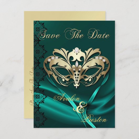 Carte Postale Faire-part Gold Masquerade Bijou Turquoise Enregistrer La Dat (Devant / Derrière)