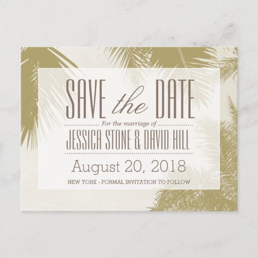 Carte Postale Faire-part Gold Palm Tree Mariage tropical Enregistrer la dat (Devant)
