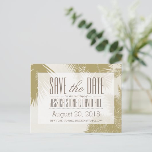 Carte Postale Faire-part Gold Palm Tree Mariage tropical Enregistrer la dat (Debout devant)