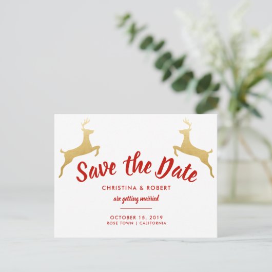 Carte Postale Faire-part Gold Reindeer | Noël | "Save the date" pour mariag (Debout devant)