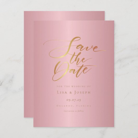 Carte Postale Faire-part Gold Script Rose Gold Enregistrer la date (Devant / Derrière)
