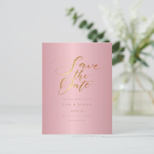 Carte Postale Faire-part Gold Script Rose Gold Enregistrer la date (Debout devant)