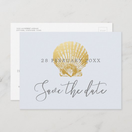 Carte Postale Faire-part Gold Shell Faux Foil Beach Mariage Enregistrer la  (Devant / Derrière)