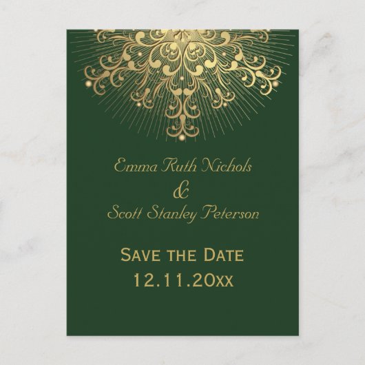 Carte Postale Faire-part Gold snowflake mariage hiver vert Enregistrer la d (Devant)