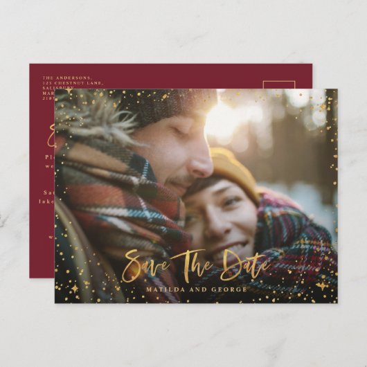 Carte Postale Faire-part Gold stars script photo mariage moderne (Devant / Derrière)