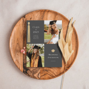 Carte Postale Faire-part Gold Tassel & Casquette 2 Photo Grey Graduation