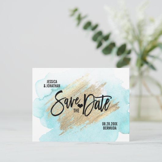 Carte Postale Faire-part Gold White BEACH Destination Mariage ENREGISTRER L (Debout devant)