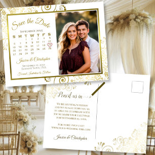 Carte Postale Faire-part Gold & White Wedding Enregistrer la date Calendrie