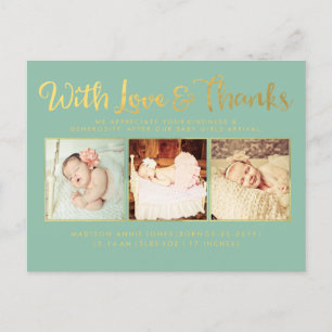 Carte Postale Faire-part Gold With Love and Thanks Sip & See Postcard