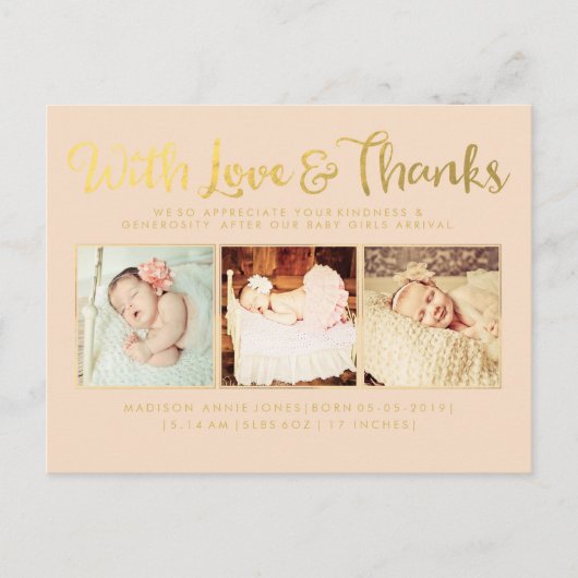 Carte Postale Faire-part Gold With Love and Thanks Sip & See Postcard (Devant)