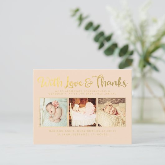 Carte Postale Faire-part Gold With Love and Thanks Sip & See Postcard (Debout devant)