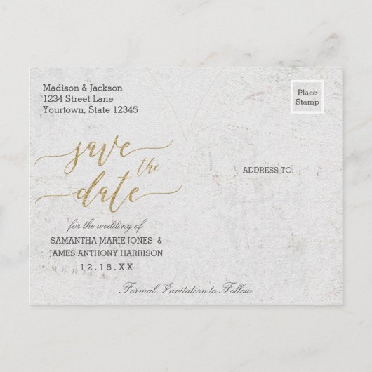 Carte Postale Faire-part Gold World Map Destination Enregistrer la date (Dos)