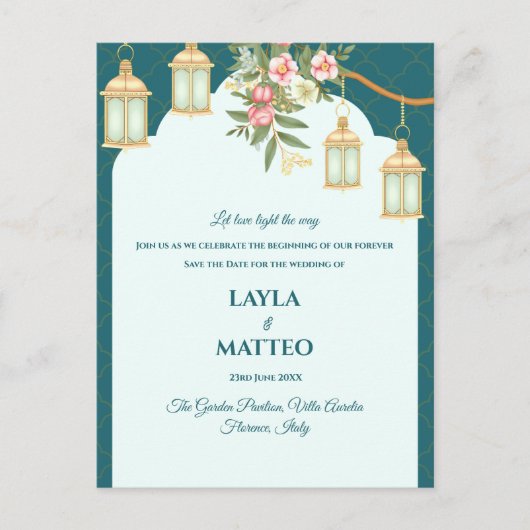 Carte Postale Faire-part Golden Lantern Floral Teal Blue Wedding (Devant)