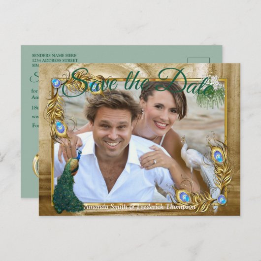 Carte Postale Faire-part Golden Royal Peacock Feathers (Devant / Derrière)