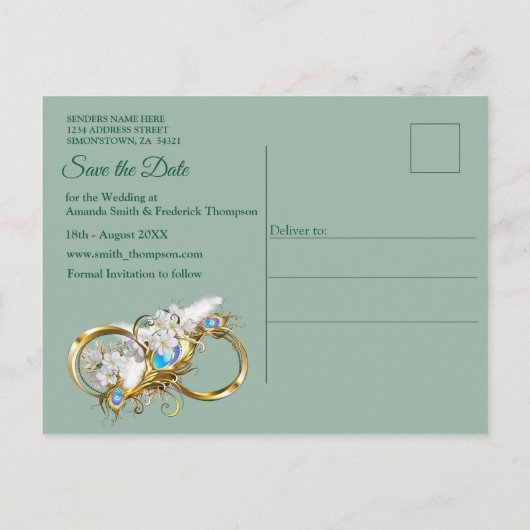 Carte Postale Faire-part Golden Royal Peacock Feathers (Dos)