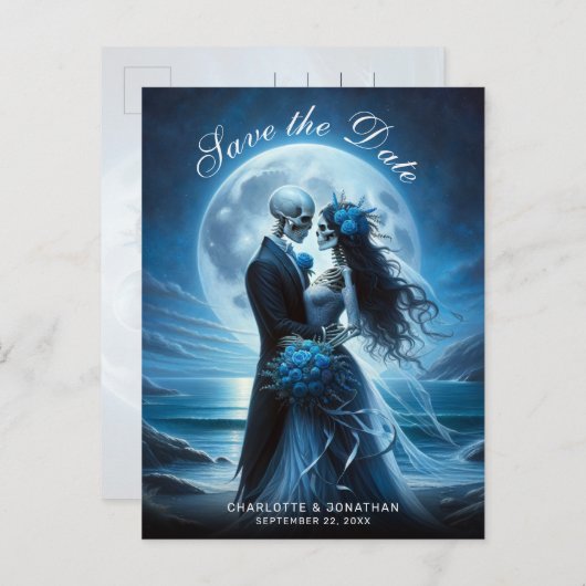 Carte Postale Faire-part Gothic Blue Skeleton Couple Wedding Save the Date (Devant / Derrière)