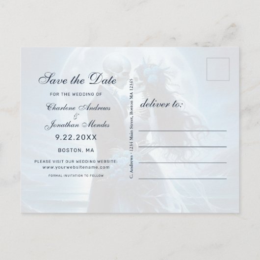 Carte Postale Faire-part Gothic Blue Skeleton Couple Wedding Save the Date (Dos)