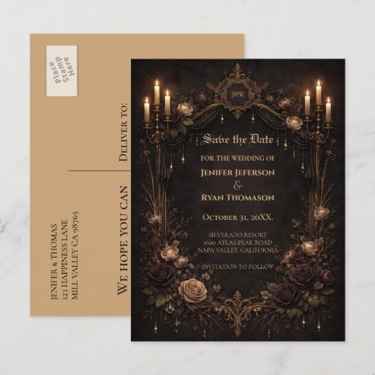 Carte Postale Faire-part Gothic halloween wedding save the date postcard (Devant / Derrière)