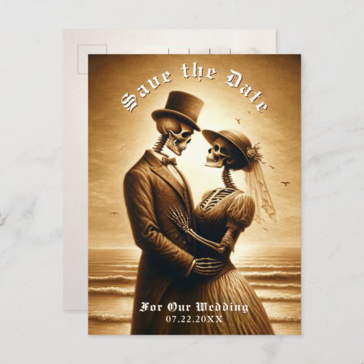Carte Postale Faire-part Gothic Sepia Skeleton Couple Wedding Save the Date (Devant / Derrière)