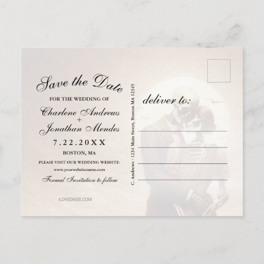 Carte Postale Faire-part Gothic Sepia Skeleton Couple Wedding Save the Date (Dos)