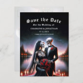 Carte Postale Faire-part Gothic Skeleton Couple Navy Save the Date (Devant / Derrière)