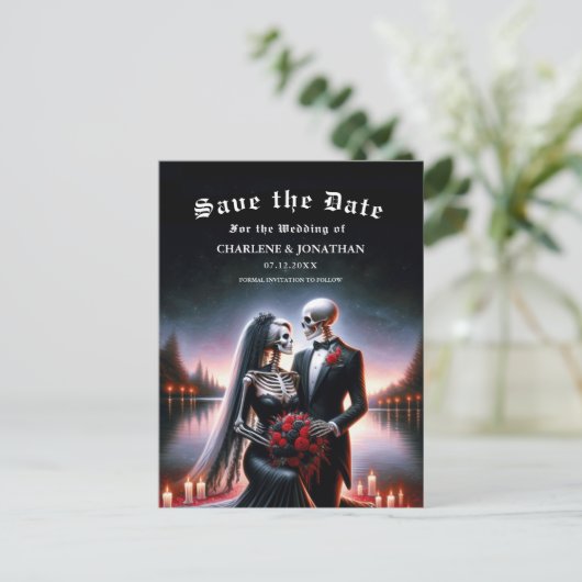 Carte Postale Faire-part Gothic Skeleton Couple Navy Save the Date (Debout devant)