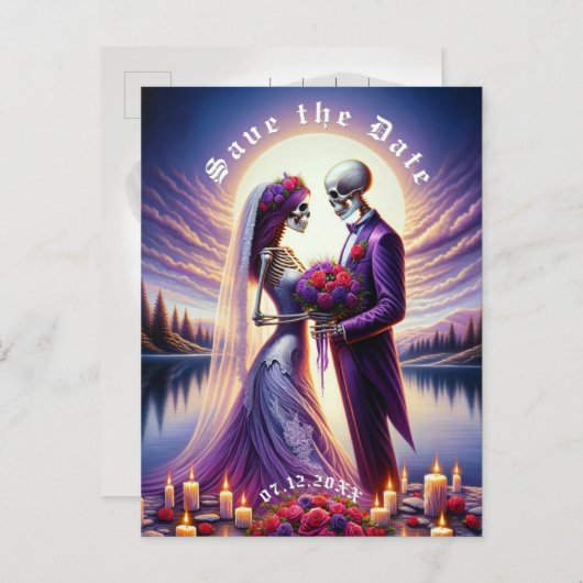 Carte Postale Faire-part Gothic Skeleton Couple Red Roses Save the Date (Devant / Derrière)