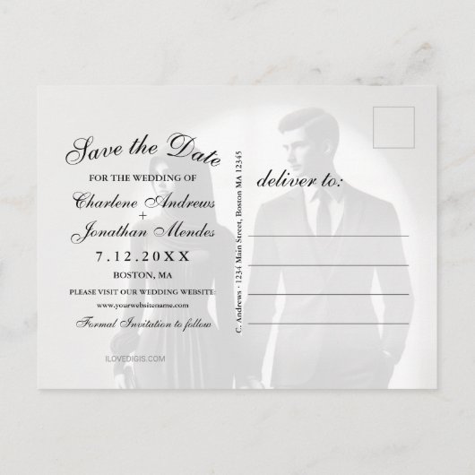 Carte Postale Faire-part Gothic Skeleton Couple Red Roses Save the Date (Dos)