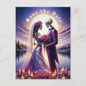 Carte Postale Faire-part Gothic Skeleton Couple Red Roses Save the Date (Devant)