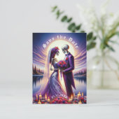 Carte Postale Faire-part Gothic Skeleton Couple Red Roses Save the Date (Debout devant)