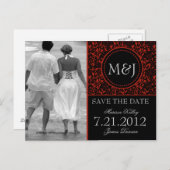 Carte Postale Faire-part Gothique Noir & Rouge Flourish Enregistrer la date (Devant / Derrière)