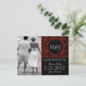 Carte Postale Faire-part Gothique Noir & Rouge Flourish Enregistrer la date (Debout devant)