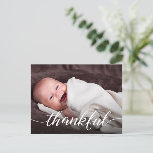 Carte Postale Faire-part Grâces Script Custom Photo Baby Merci naissance (Debout devant)
