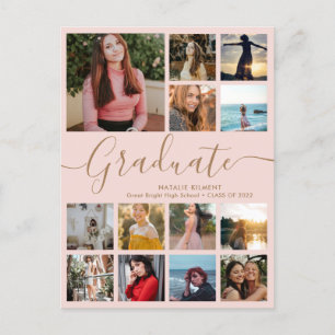 Carte Postale Faire-part Graduate 13 Photo Collage Pink & Gold Graduation