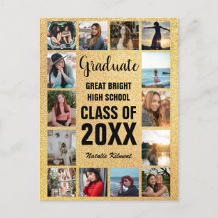 Carte Postale Faire-part Graduate 14 Photo Collage Black & Gold Graduation