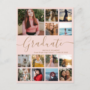 Carte Postale Faire-part Graduate 14 Photo Collage Pink & Gold Graduation