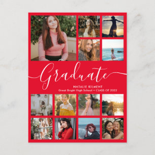 Carte Postale Faire-part Graduate 14 Photo Collage Rouge et Blanc Graduatio