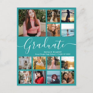 Carte Postale Faire-part Graduate 14 Photo Collage Turquoise & blanc Gradua